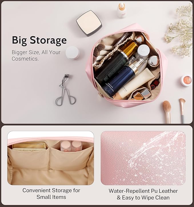 Aveniee Travel Makeup Bag, Large Toiletry Bag for Women, Vegan Leather Travel Pouches Case, Make Up Bag for Travel Essentials Brushes, Cosmetic Bag Purse Organizer with Divider and Gold Zippers-Pink