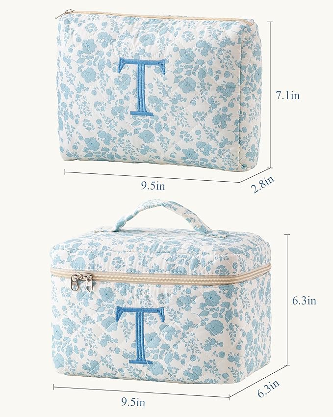 HBselect 2Pcs Initial Quilted Cotton Large Travel Cute Floral Coquette Makeup Bag Cosmetic Toiletry Bag for Women Girls