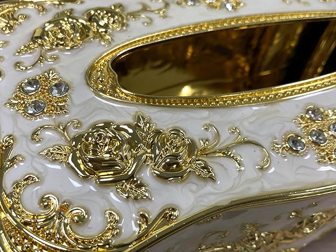 9.45"x5.43"x3.94" Luxurious Rose Tissue Box with Imitation Diamonds, Embossed Flowers, Elegant Tissue Paper Holders for Home Toilet Bath Hotel,Gold-White