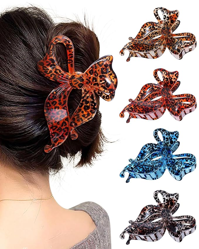 Mesovor 4 pack Cute Bow Claw Clip for Women, Nonslip Large Matte Strong Hold Bows Hair Clips for Thin and Thick Hair | Chic Hair Styling Accessories (Blue Leopard, Coffee Leopard)