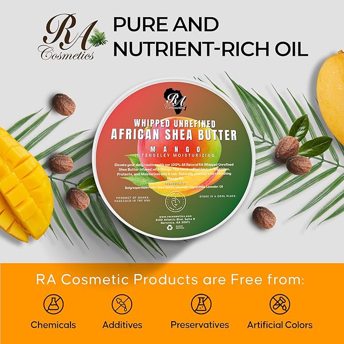 RA COSMETICS Whipped Shea Butter Mango - 6oz | 100% Pure and Natural African Shea Butter for Men & Women - Ultimate Handcrafted Moisturizer with Essential Vitamins for Radiant Skin & Luscious Hair