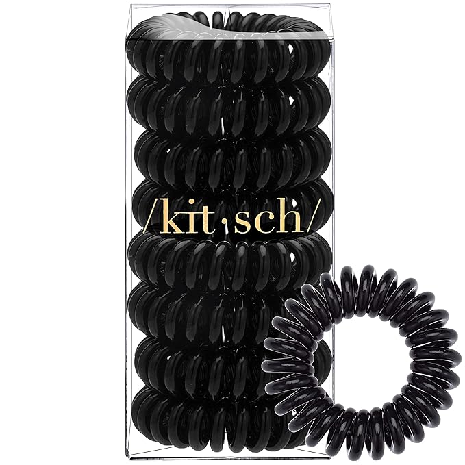 Kitsch Spiral Hair Ties for Women – Coiled Plastic Hair Ties No Damage, Ponytail Holders for Thick and Thin Hair – Creaseless and Dent-Free, Phone Cord Style | Ideal Gifts for Women - Black, 8 Pcs