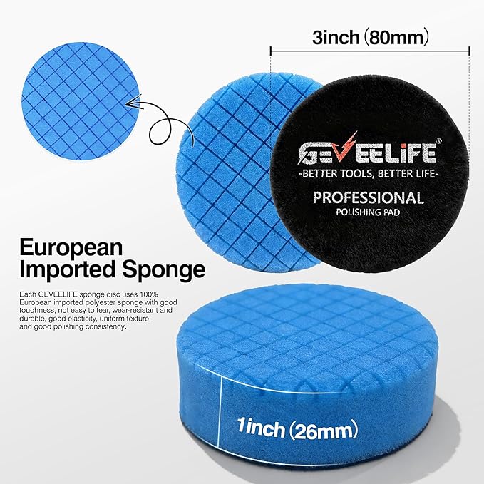 GEVEELIFE 9Pcs Buffing Polishing Pads Kit, 3 Inch Buffing Pads, Sponge & Woolen Pads with M14 Drill Adapter & Backing Plate for Car Care, Polishing, Washing, Cleaning, Waxing