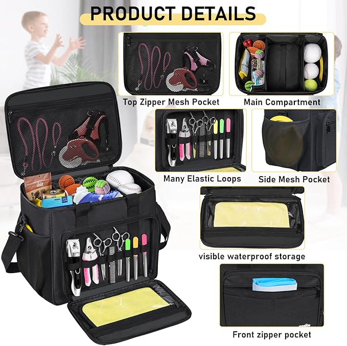 GMAK Large Pet Grooming Bag, Dog Grooming Tote Bags Supplies Organizer Case Pets Tools Organizer Tote for Dog Cat Grooming Tool Kit and Accessories, Black(Bag Only)