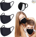 Pack 3 Black Cloth Dust Mouth Mask - 3 Layers All Cotton - Reusable Washable Comfy Breathable Material
