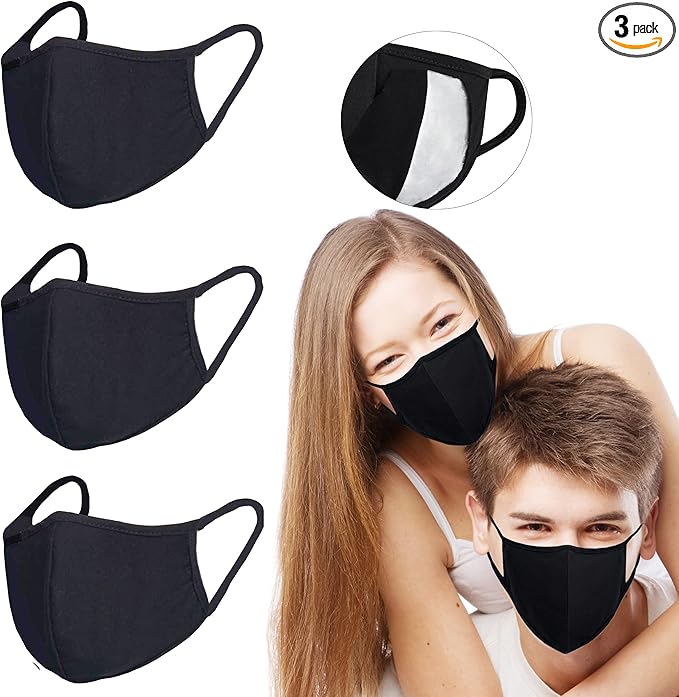 Pack 3 Black Cloth Dust Mouth Mask - 3 Layers All Cotton - Reusable Washable Comfy Breathable Material