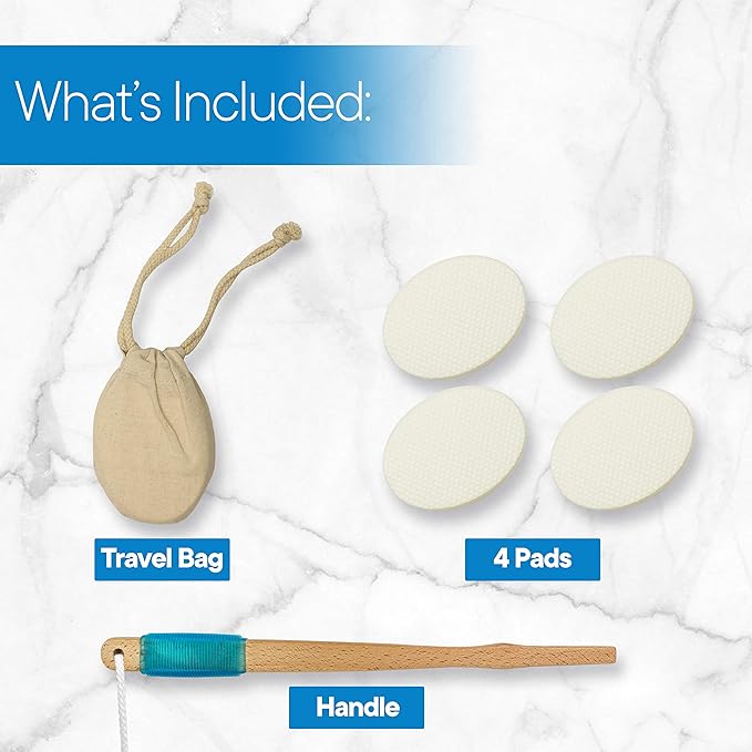 RMS 17.5" Long Lotion Applicator with 4 Pads - Long Handle for Easy Reach and Self Application of Body Wash - Shower Brush for Both Men and Women (Travel Bag Included)