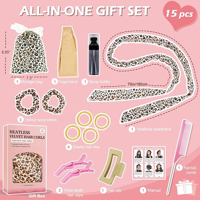 Heatless Curls Overnight Headband, 70'' No Heat Hair Curlers for Medium Long Hair, Leopard Print