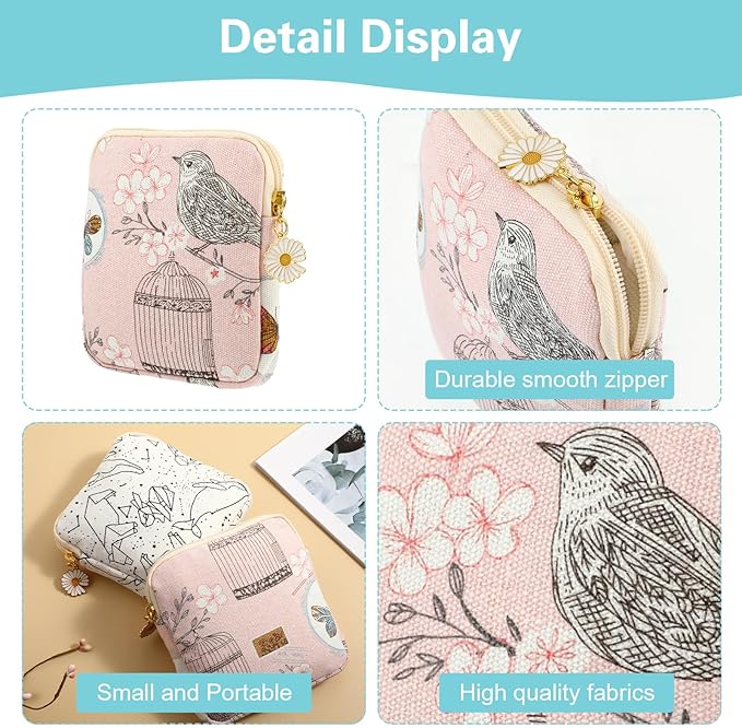 Amabro Sanitary Napkin Storage Bag, 2PCS Period Bags Cute Sanitary Pad Storage Pouch Tampon Pantyliners Menstrual Purse Daisy Zipper for Women Teen Girls School Travel Feminine Product(Bird)