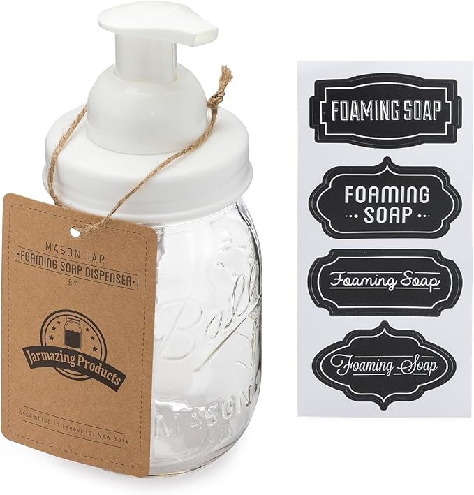 Jarmazing Products Mason Jar Foaming Soap Dispenser – White – with 16 Ounce Ball Mason Jar - One Pack!