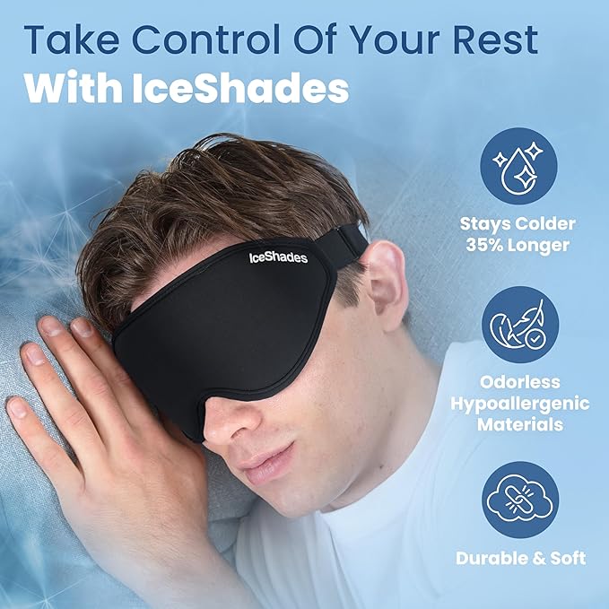 IceShades Cooling Gel Eye Mask for Migraine Relief, Tension & Hangover Migraine Mask, Cold Compress for Headache Dark Circles Tired Puffy Eyes, Reusable Ice Pack for Sleeping, Black