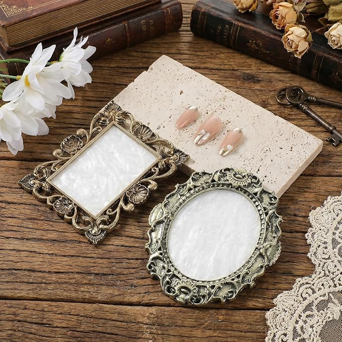 Nail Art Palette with Golden Edge, 2 PCS Nail Polish Palette with Retro Border Cosmetic Mixing Tools, Nails Holder Display Board Nail-Pallet for Nail-Art DIY Nails Gel Makeup Color Mixing