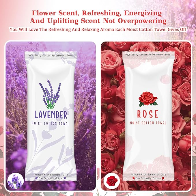 Timgle 50 Pcs Moist Towelettes Individually Wrapped Scented Disposable Face Towels Essential Oil Infused Moist Terry Cotton Towel for Use Hot or Cold Travel Body Spa(Rose, Lavender)