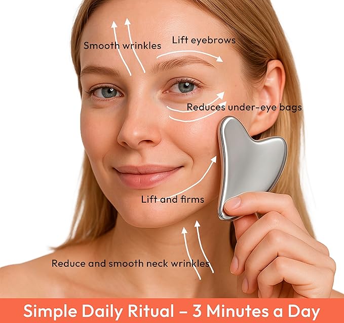 Stainless Steel Gua Sha Tool for Face & Neck – Facial Massage Tool for Lymphatic Drainage, Depuffing, Jawline Sculpting & Skincare Routine – Hygienic Metal Face Sculpting Tool