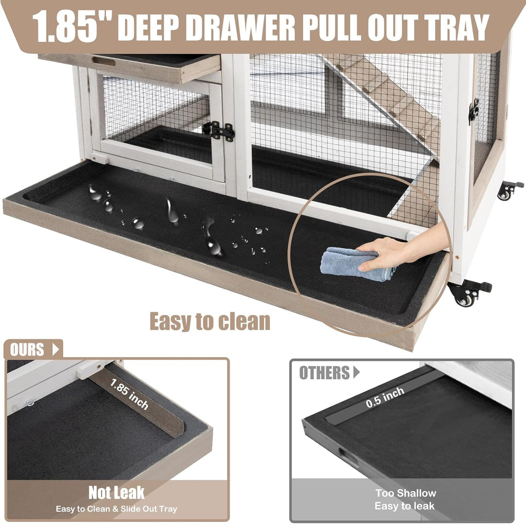 Rabbit Hutch Indoor 40" L Large 2 Story Outdoor Wooden Bunny Hutch with Run, 4 Metal Wheels & 2 Deeper Trays, UV-Proof Panel Rabbit Cage Guinea Pig Pet House for Small-Medium Animals