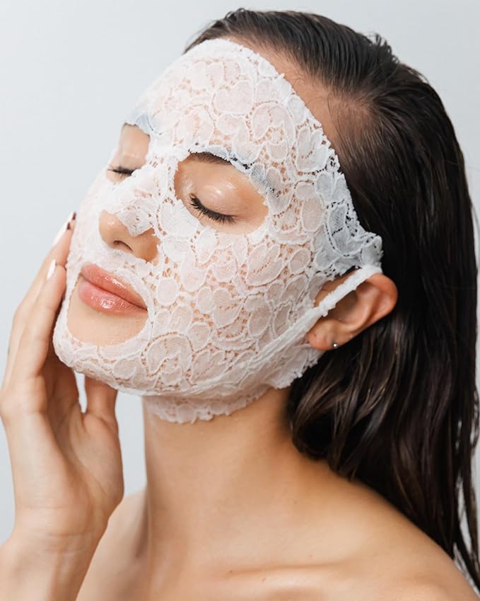 LACE YOUR FACE Patented Compression Facial Mask, Reusable Biodegradable Cotton Anti Aging Skin Care, Plumping Hyaluronic Acid, Single