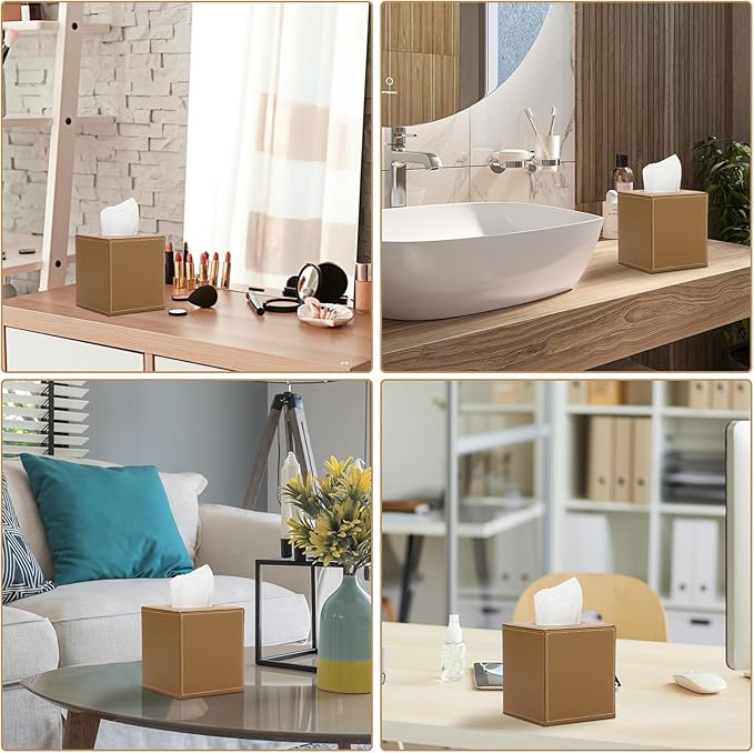 Sumnacon Square Leather Tissue Box Cover - Stylish Cube Tissue Box Holder with Magnetic Bottom, Decorative PU Tissue Box for Vanity Dresser Night Stand Table Countertop Home Office Car, Camel