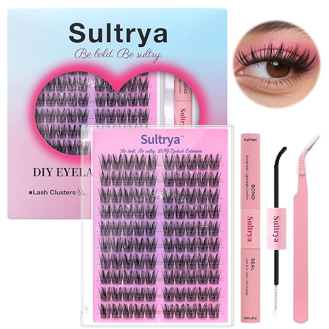 DIY Eyelash Extension Kit 100pcs Clusters HANDMADE Faux Mink Individual Clusster Lahses for Natural Fluffy Wispy Looks False Eyelashes Self Application at Home with Bond Seal Tweezers (13mm, S01 KIT)