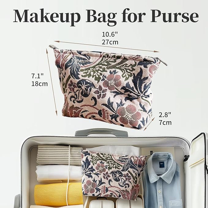 Floral Makeup Bag for Women, Make Up Bag for Purse, Thick Chenille Flower Cosmetic Bag, Makeup Pouch with Zipper Lining, Pouch Bag for Travel Daily Use Storage Gift, Makeup Zipper Pouch
