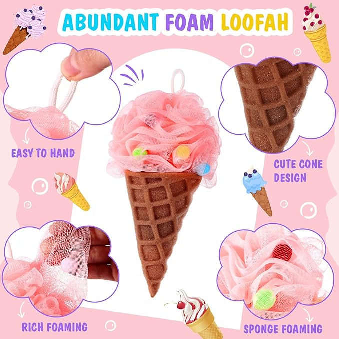 4 Pcs Ice Cream Bath Loofah Sponge Cartoon Body Scrubber Loofah Soft Mesh Exfoliating Bath Scrubber Shower Ball for Shower Sponge Gifts Exchange Birthday Party