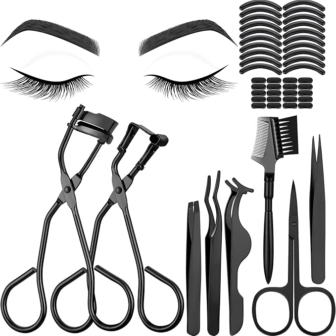 Mudder 48 Pcs Eyelash Curler Makeup Tools Set, Include Mini Eyelash Curler Kit, Eyebrow Extension Tweezers, Brush Comb and Scissors, Silicone Refill Pads, Black