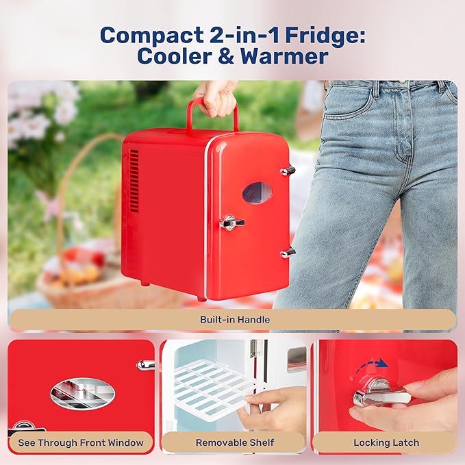 YSSOA Mini Fridge with Observation Window 4-Liter Six 12 oz Cans Portable Warmer & Cooler Compact Refrigerator, 100% Eco Friendly and Freon-Free, Red