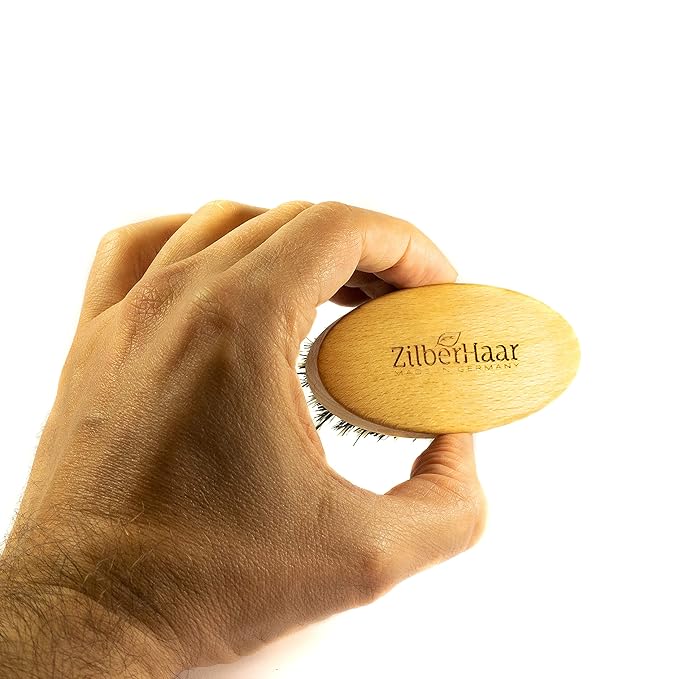ZilberHaar - Elemental Beard Brush for Men and Mustache Brush - Stiff Natural Bristles and Beech wood - 100% Animal free - Made in Europe - 3 inches long