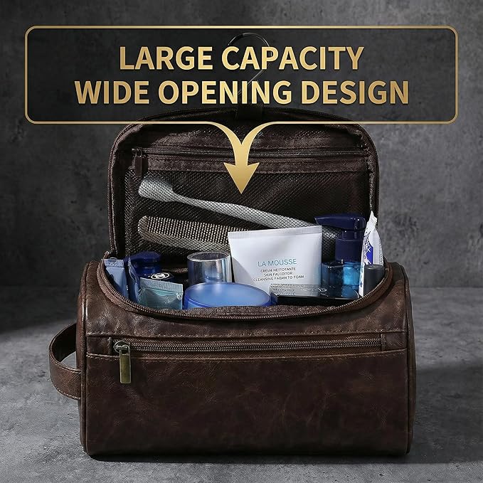 Men’s Hanging Toiletry Bag, Large Capacity Travel Dopp Kit Organizer for Business Trip – Waterproof Shaving Bag Multi-Compartment Storage for Grooming Essentials, Bathroom & Gym (Coffee)