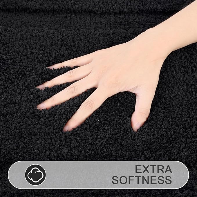 SHACOS Black Bathroom Rugs Sets 3 Piece, 20"x32" + 20"x47" Non Slip Bath Mat and 20"x24" Toilet Rugs U Shaped Washable, Soft Fluffy Water Absorbent Bathroom Floor Mat