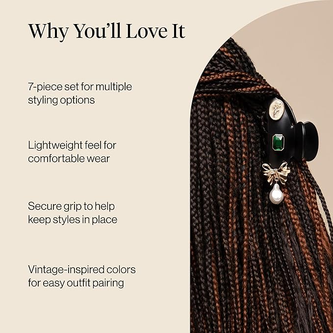KitschPop ™ Hair Clips For Women with Charm Sets -Customizable Curved Claw Clip With Interchangeable Collectible Cute Charms | Ideal Gifts For Women -Vintage Black, 7pcs Set