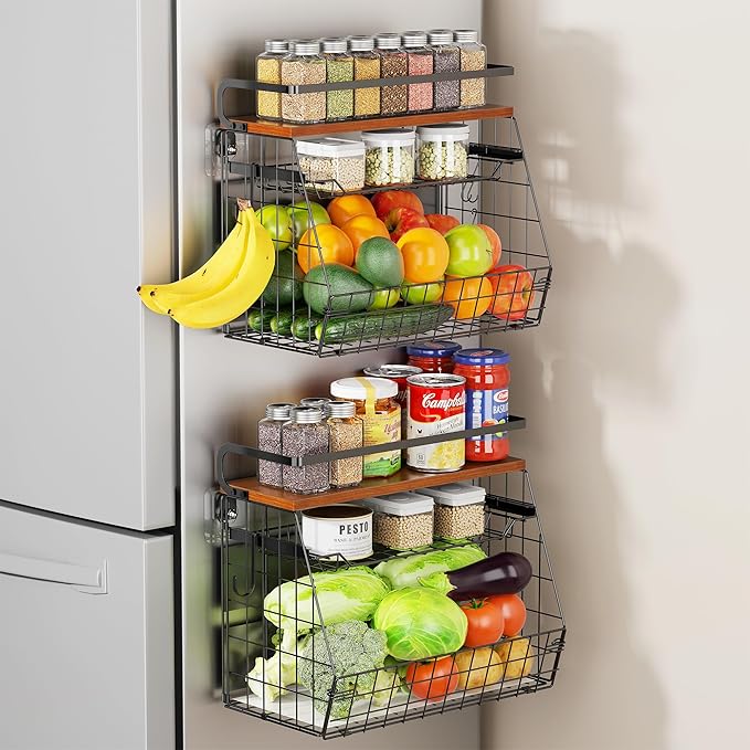 Delamu Magnetic Shelf for Fridge with Wood Lid, 3 Tier Pull Out Fruit Basket, Magnetic Spice Rack Organizer for Refrigerator, Cabinet, Kitchen Counter, Laundry (2 Pack)