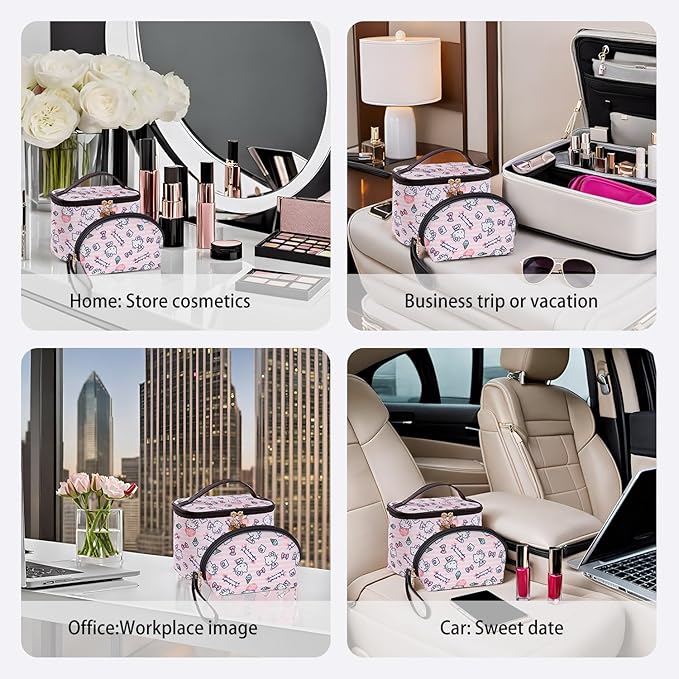 AmBealla Cosmetic Bag Large Makeup Bags Pink Travel Case with Makeup Brush Holder,2PCS Cosmetic Organizer for Women,Toiletry Storage Bag for Skincare&Beauty Tools Sweet Cute for Girls