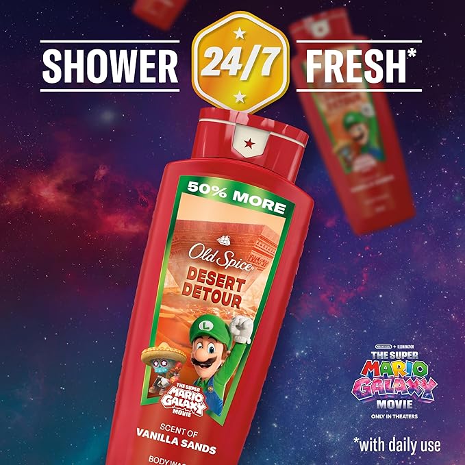 Old Spice Body & Face Wash for Men, x The Super Mario Galaxy Movie, 3X Defense, 24/7 Shower Fresh with Long Lasting Scent, Smell Super with Desert Detour, Vanilla Sands Scent, 24 oz