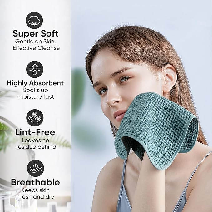 Microfiber Waffle Face Towels, 4 Pieces, Soft, Absorbent, Fast Drying, Lint Free 430 GSM (Green)