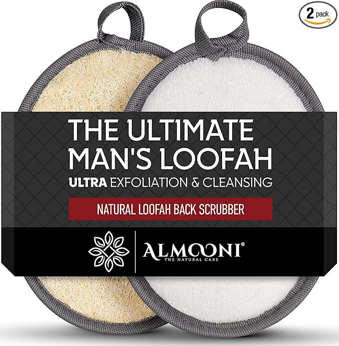 Sturdy Natural Loofah for Men, The Ultimate Men's Loofah Body Scrubber Made with Natural Egyptian Shower luffa Sponge, Bath Shower Sponge lufas for Men - 2 Count (1 Pack) - Gray