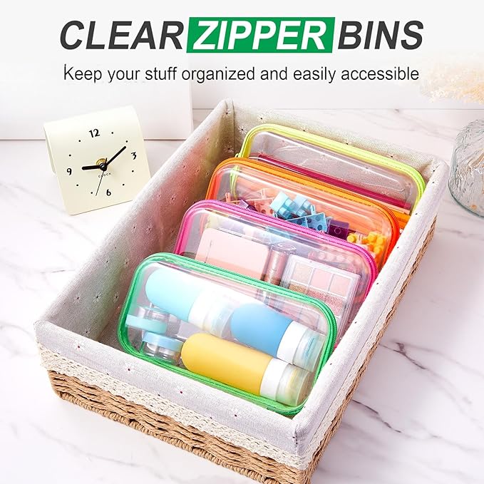 Hoolerry 4 Pcs Hard Clear Zipper Case Makeup Bags Plastic Zipper Pouch Transparent Storage Box Containers for Cosmetics, Snacks, Building Blocks, Puzzles(Clear,7.5 x 3.9 x 2 in,Fluorescent)