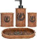 Bathroom Accessory Sets 4PCS Bathroom Accessories Set Complete Western Rustic Horseshoes Decoration Includes Lotion Dispenser Toothbrush Holder Tumbler Cup & Vanity Tray
