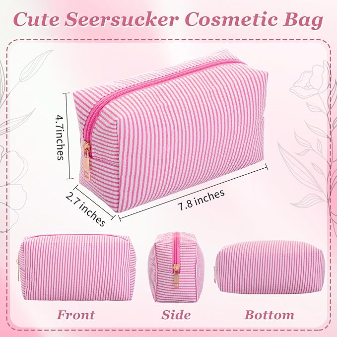 Sanwuta 12 Pcs Seersucker Cosmetic Bags Bulk Seersucker Makeup Bags Stripe Women Pouch Large Preppy Storage Pouch Toiletry Travel Organizer for Wedding Bridesmaid Bride Favor Mom Gift (Pink)