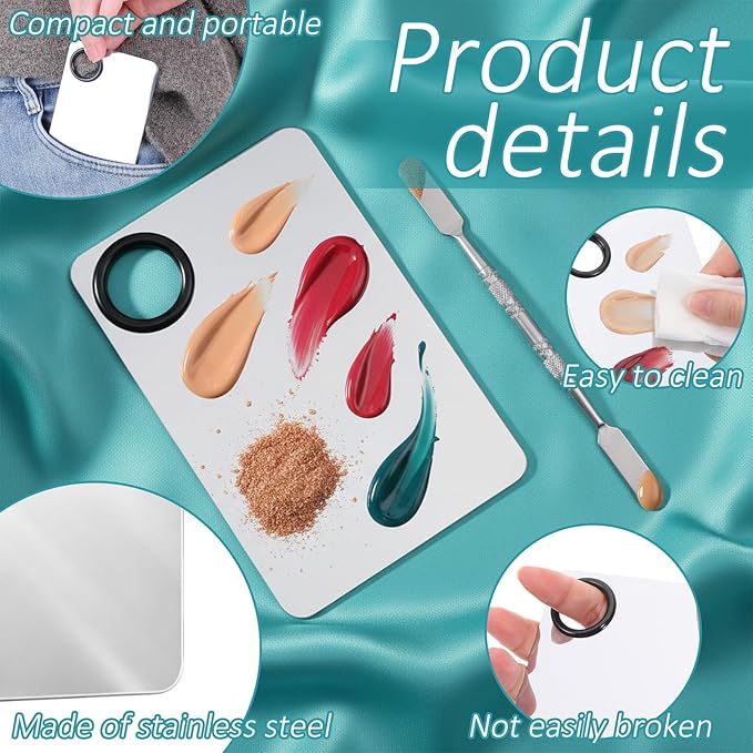 2 Pcs Makeup Mixing Palette with 2 pcs Foundation Spatula, Stainless Steel Cosmetic Makeup Palette Professional Nail Mixing Tray for Foundation, Lipstick, Nail Art and More