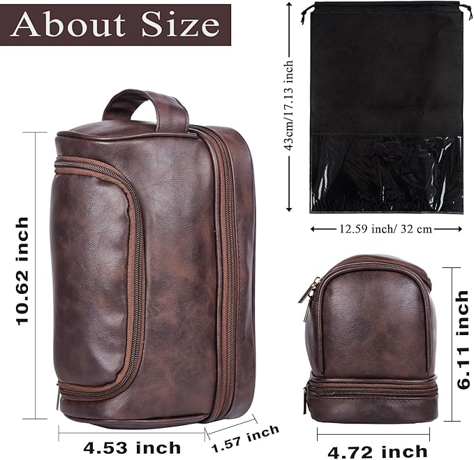 Flycalf Personalized Toiletry Bag for Men Leather Toiletries with Hanging Hook Shaving Bag Bathroom Organizer Leather Engraved Text Shower Toiletries
