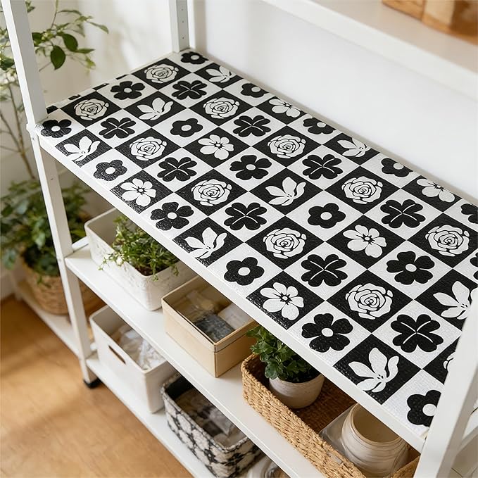 Drawer and Shelf Liner for Kitchen Cabinet,Non Adhesive Anti-Slip Double Layer PVC Waterproof Easy Clean for Dresser Bathroom Refrigerator with Knife Tape Measure(17 in X 20 Ft Black & White Flowers)