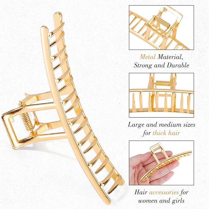 Obeoby Large Metal Hair Claw Clips for Women, 4 Pcs 4 Inch Gold Hair Clips for Thick Hair - Strong Hold Cute Fashion Barrettes Hair Accessories Holiday Birthday Gifts