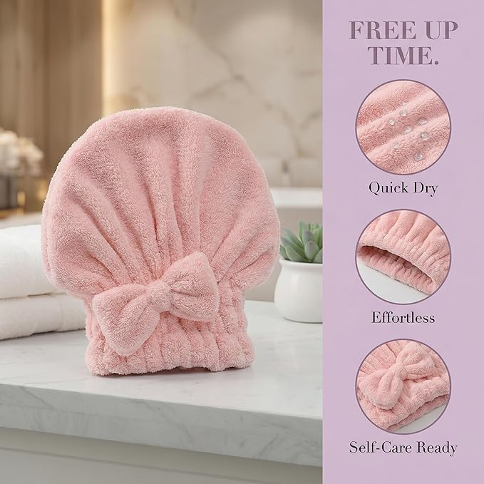 Cute Bow Microfiber Hair Towel for Girls, Quick Drying Hair Turban for Women Kids, Super Absorbent Anti Frizz Hair Cap for Curly Thick Hair, Lightweight Travel Towel (Two Pink)