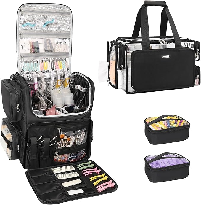 Relavel Hair Tools Travel Bag with Clear Makeup Bag, Hair Stylist BarberBag on Wheels Hairdresser Cosmetology Bag Case with Four 360 Degree Spinner Wheels, Heat Insulation Full Layer for Curling Iron