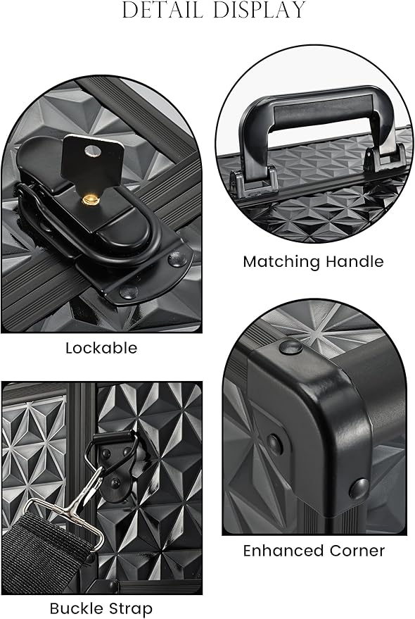 Joligrace Makeup Train Case Professional Cosmetic Organizer Aluminum Storage Box with 4 Adjustable Dividers Trays Lockable Portable with Shoulder Strap