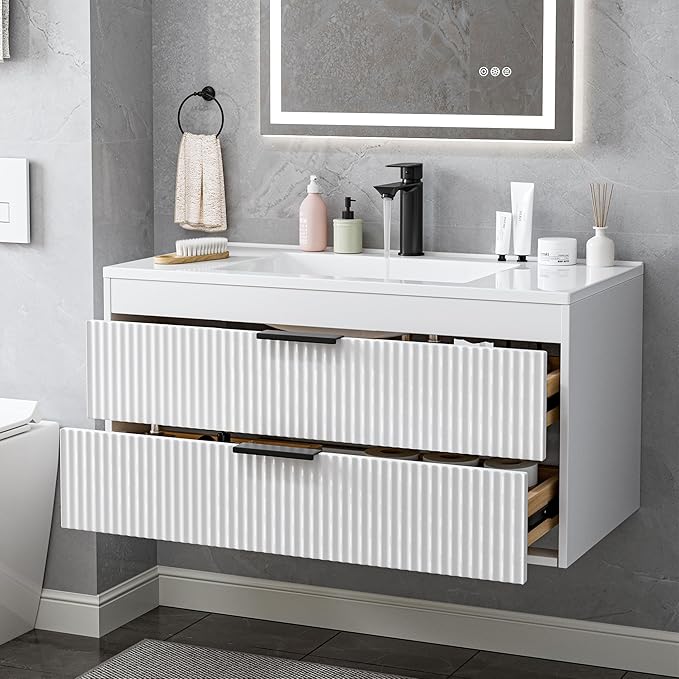 36 Inches Modern MDF Bathroom Vanity with Sink, Wall Mounted Floating Cabinets w/Double Drawers, Black Handles, White Resin Sink Combo Set (White, 36")
