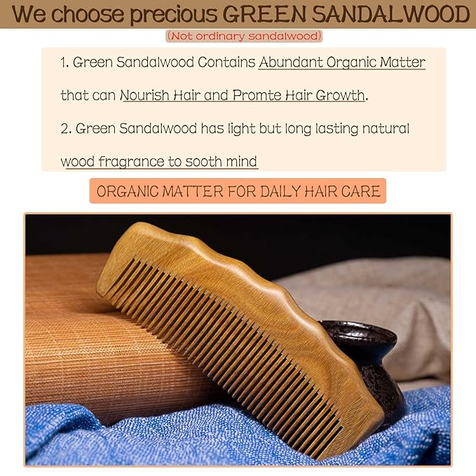Wooden Beard Comb for Men, Fine Tooth Wooden Comb for Women - Green Sandalwood