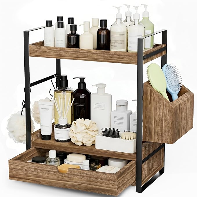 Kottwca Bathroom Counter Organizer with Drawer, 2-Tier Wood Countertop Organizer for Storage, Vanity Skincare Organizers, Bathroom Sink Shelf for Organization(Dark Brown)