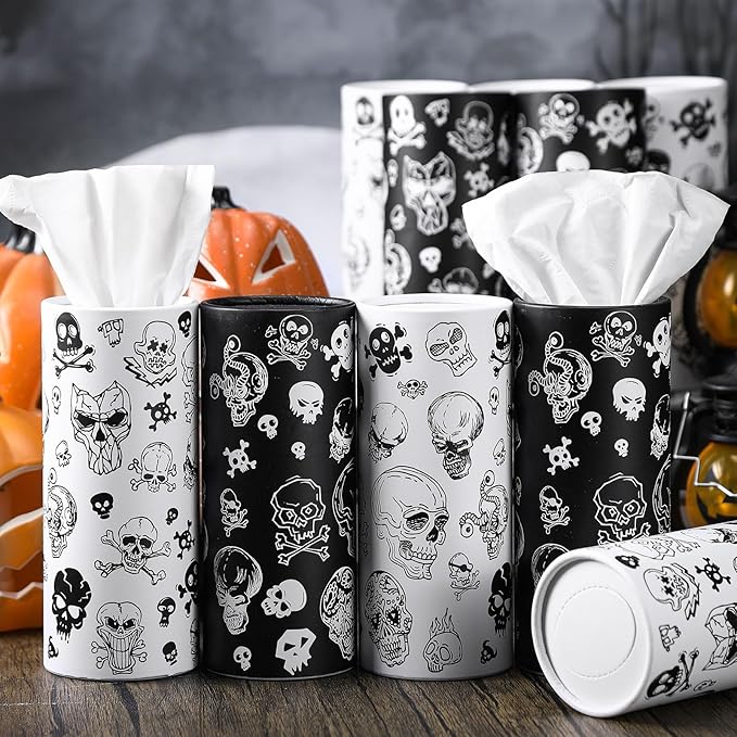 Fourluoo 12 Pack Skull Cylinder Tissues for Car Bulk Gothic Skeleton Round Cylinder Holder with 3 Ply Facial Tissues for Travel Home Bathroom Office Accessories