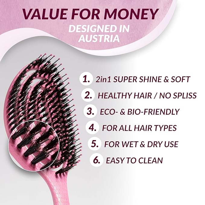 marQus Detangle Boar Brush Women and Men, Exclusive Ultra-Soft Bending Bristles and Body - Glide Through Tangles With Ease For All Hair Types - Women, Men, Wet And Dry Hair, 1pcs Pink Brush